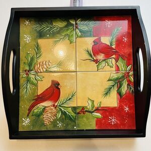 Christmas Cardinals Tiles Wood Serving Tray 12.5" Square Holiday‎ Party Handled